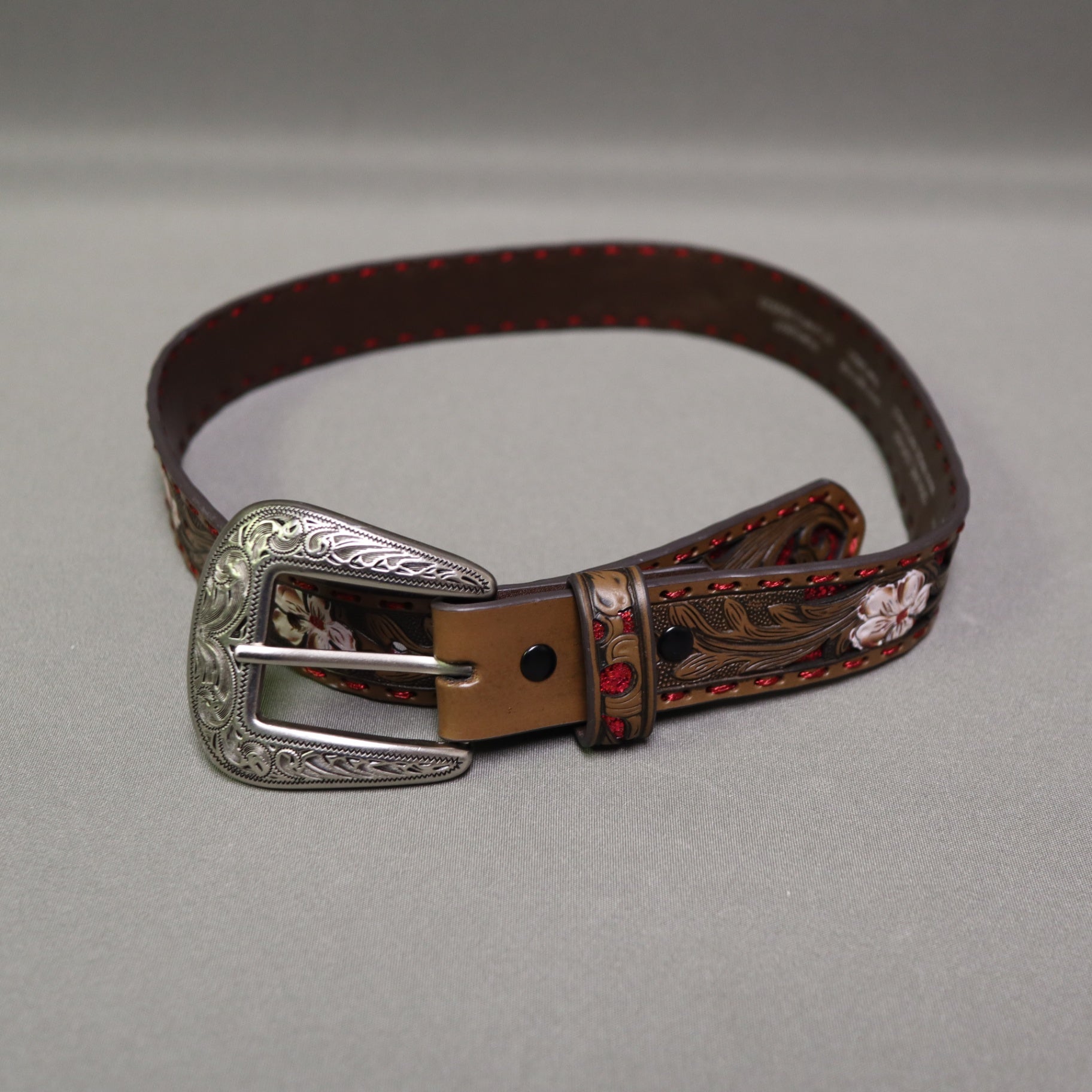 Shyanne Girls Floral Hand Tooled Leather Western Belt Size 24 Red Glitter