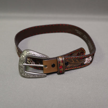 Shyanne Girls Floral Hand Tooled Leather Western Belt Size 24 Red Glitter