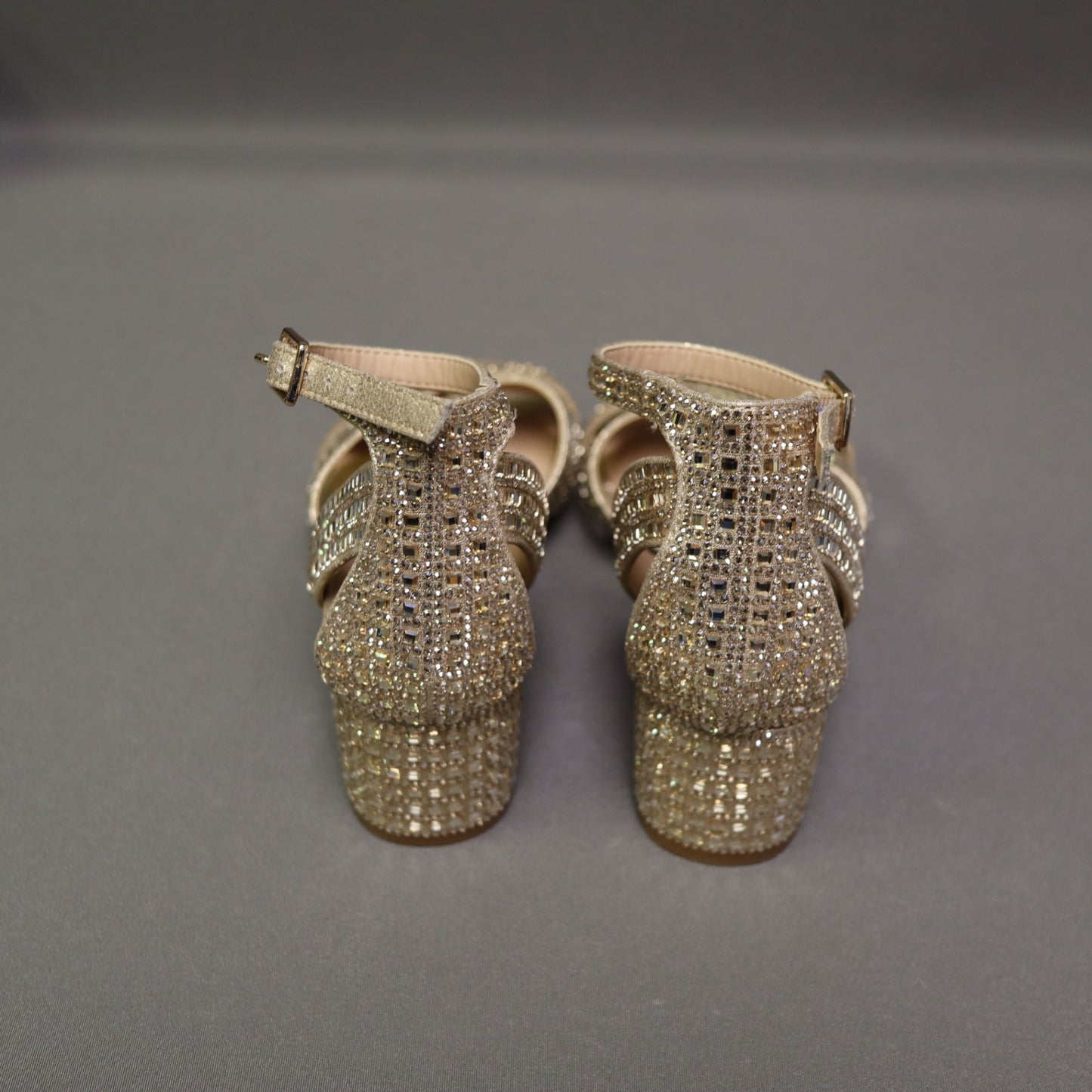 Copper Key Girls Gold Rhinestone Crisscross Ankle Strap Block Heel Sandals Size 2 M