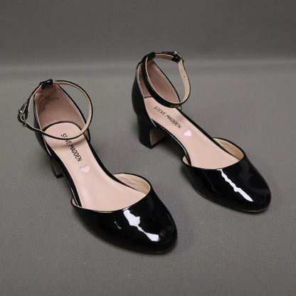 Steve Madden Kids Black Patent Ankle Strap Block Heel Pumps Size 1 Y