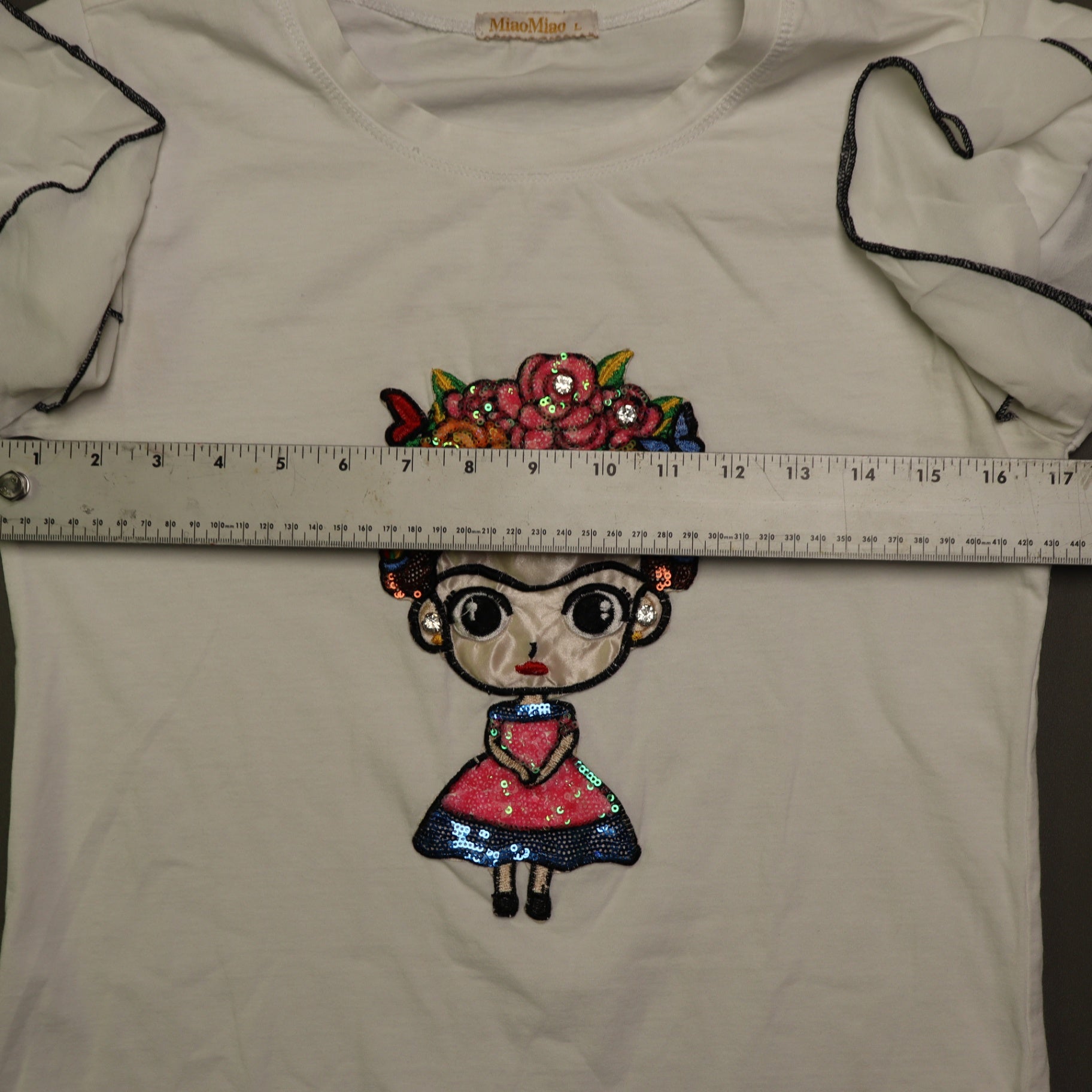 MiaoMiao Frida Kahlo Graphic T Shirt Womens Large White Sequin Ruffle Sleeve Top