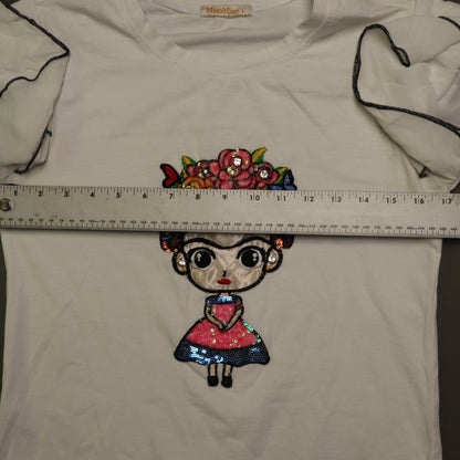 MiaoMiao Frida Kahlo Graphic T Shirt Womens Large White Sequin Ruffle Sleeve Top