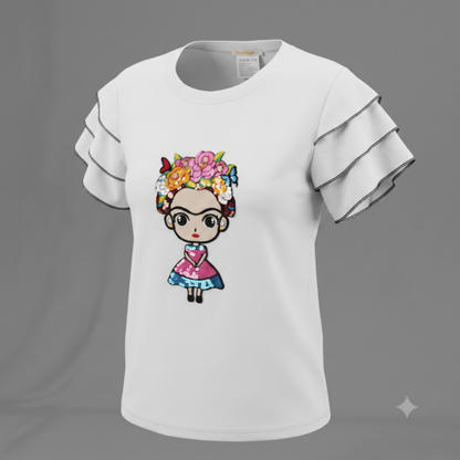 MiaoMiao Frida Kahlo Graphic T Shirt Womens Large White Sequin Ruffle Sleeve Top