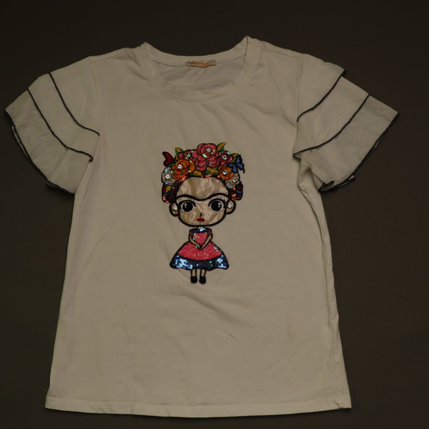 MiaoMiao Frida Kahlo Graphic T Shirt Womens Large White Sequin Ruffle Sleeve Top