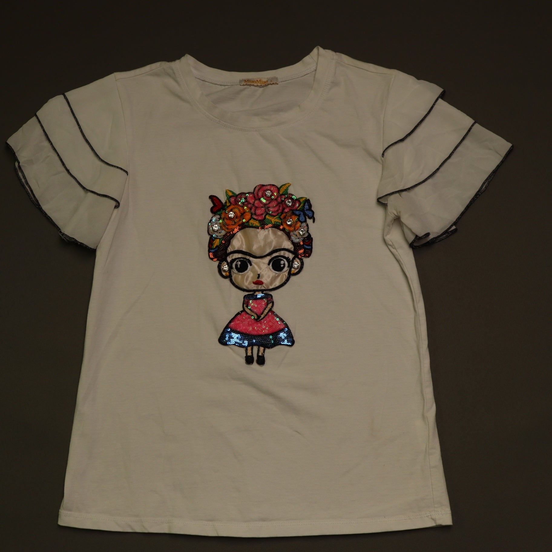 MiaoMiao Frida Kahlo Graphic T Shirt Womens Large White Sequin Ruffle Sleeve Top