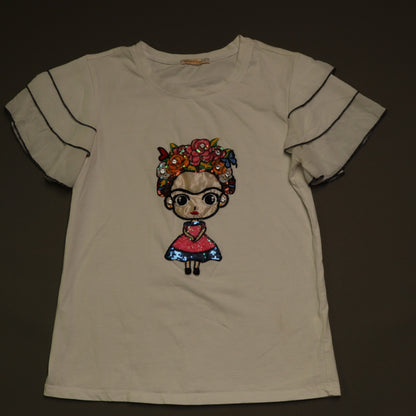 MiaoMiao Frida Kahlo Graphic T Shirt Womens Large White Sequin Ruffle Sleeve Top
