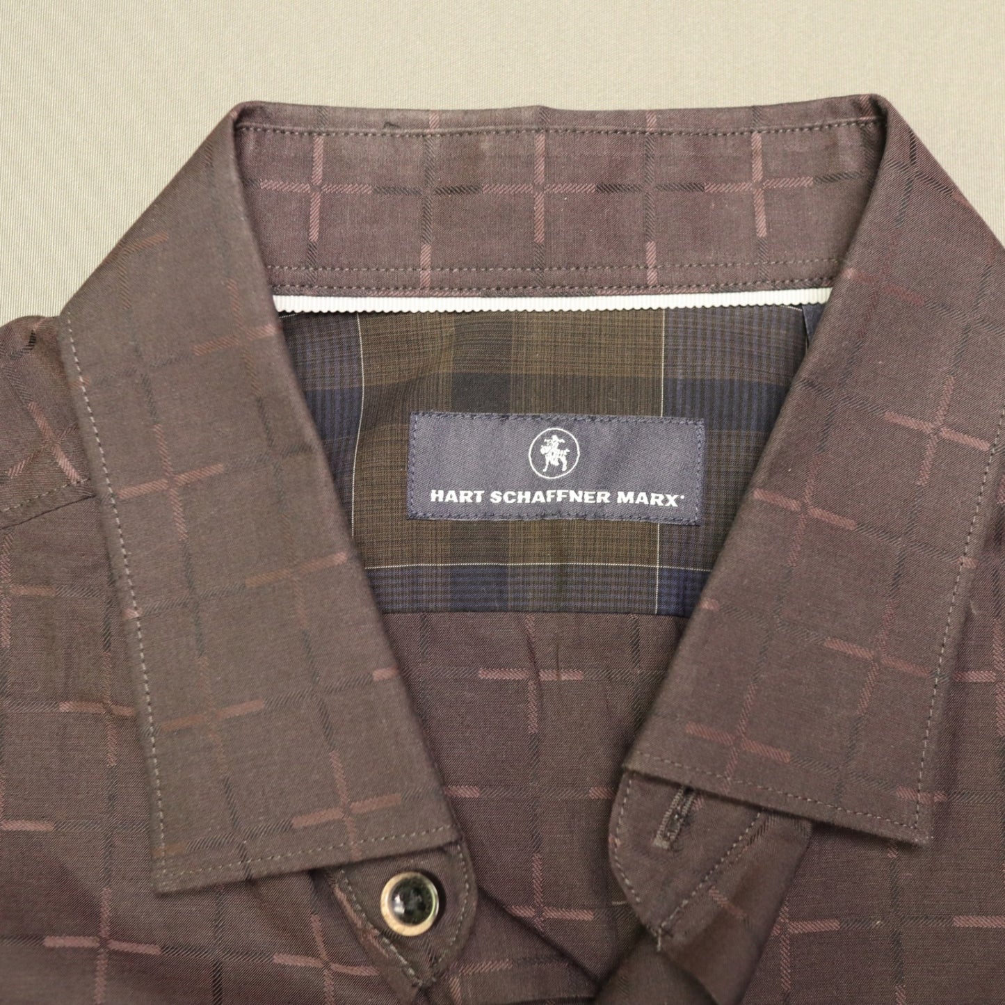 Hart Schaffner Marx Mens Button Front Shirt Brown Geometric Large Cotton