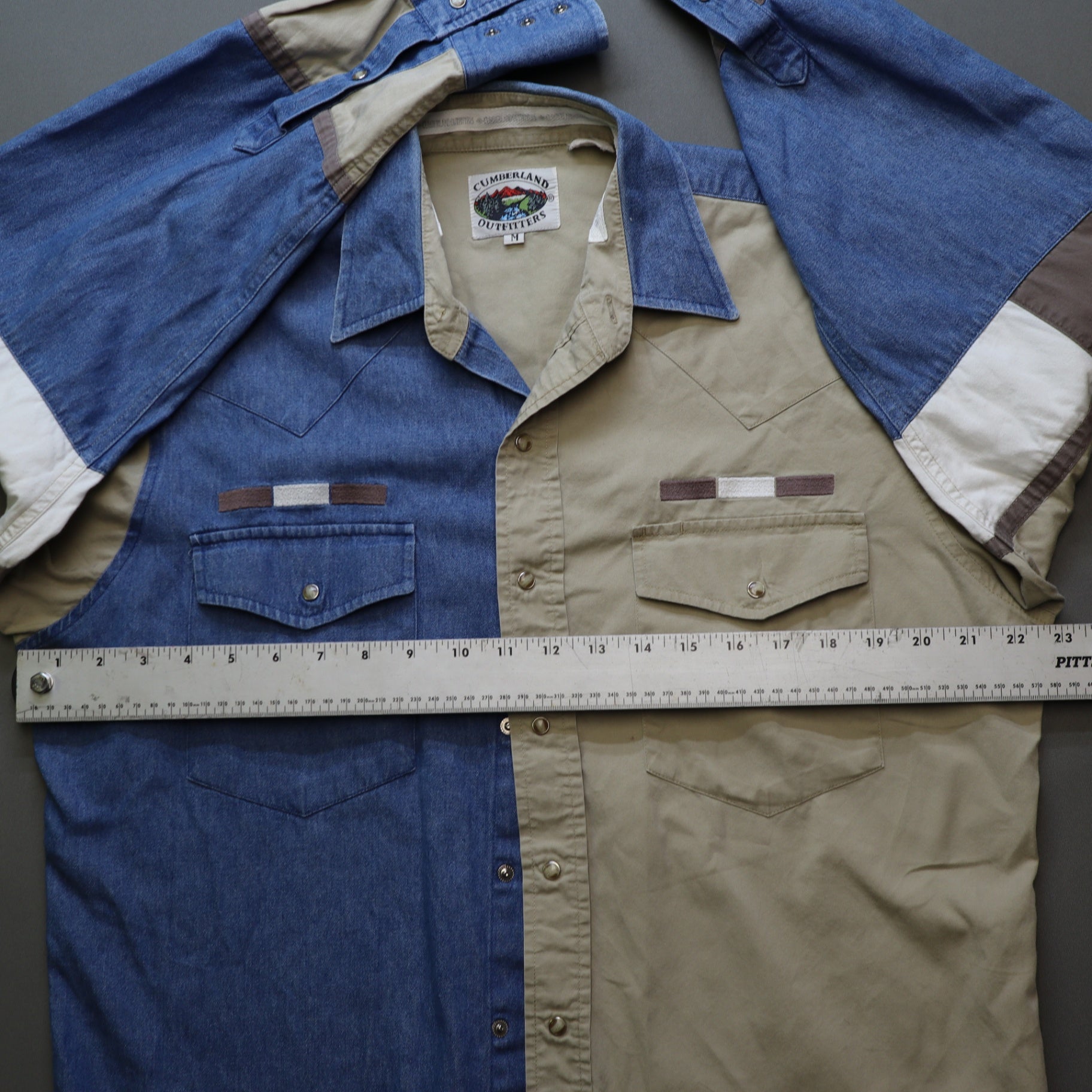 Cumberland Outfitters Mens M Western Shirt Colorblock Denim Tan Pearl Snap