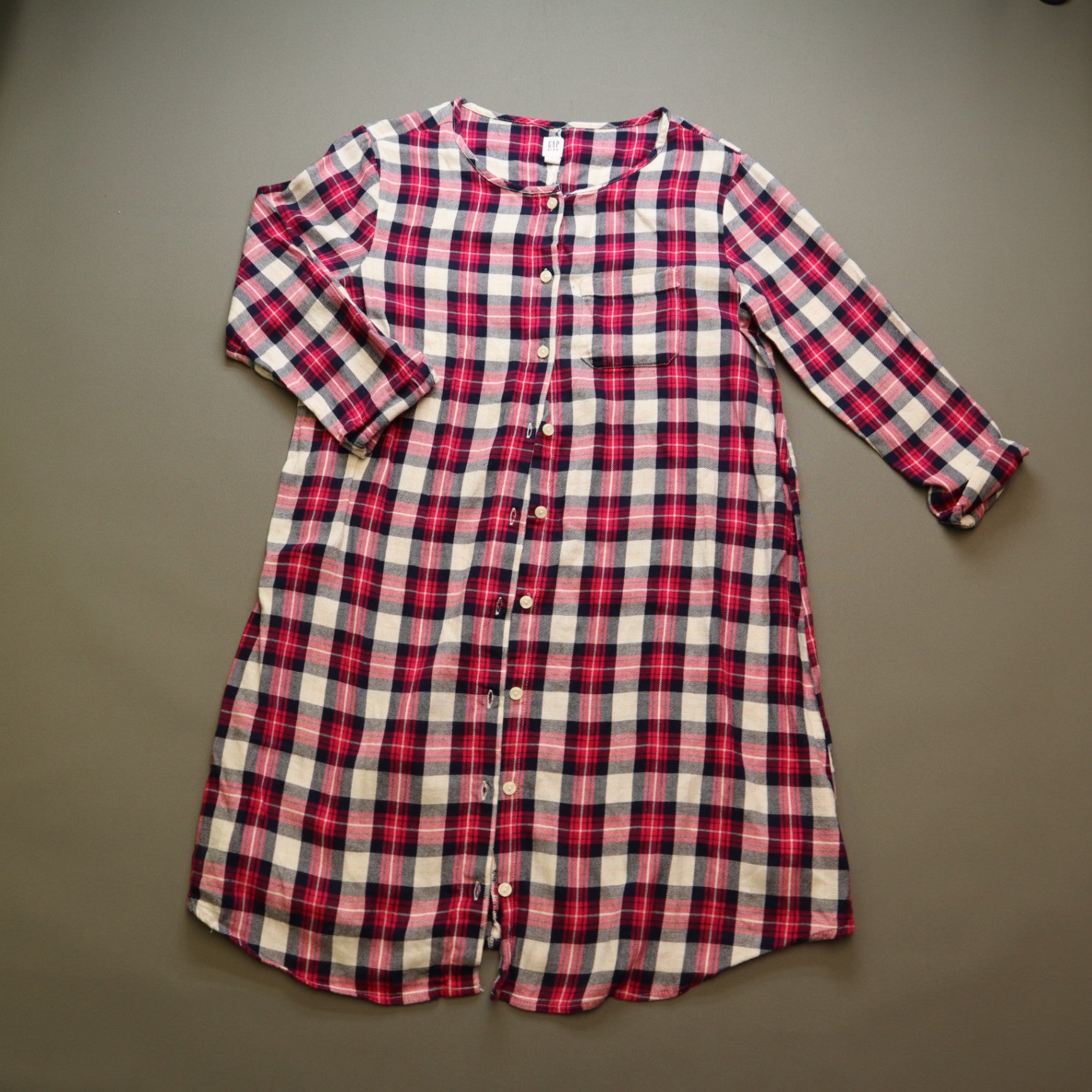 Gap Kids XXL Plus Girls Red Navy Plaid Nightgown Long Sleeve Button Up Dress