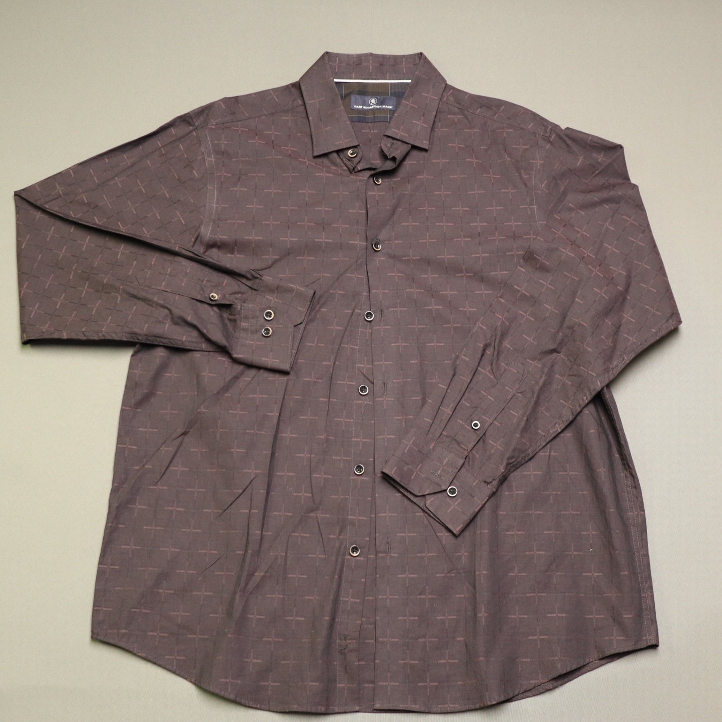 Hart Schaffner Marx Mens Button Front Shirt Brown Geometric Large Cotton