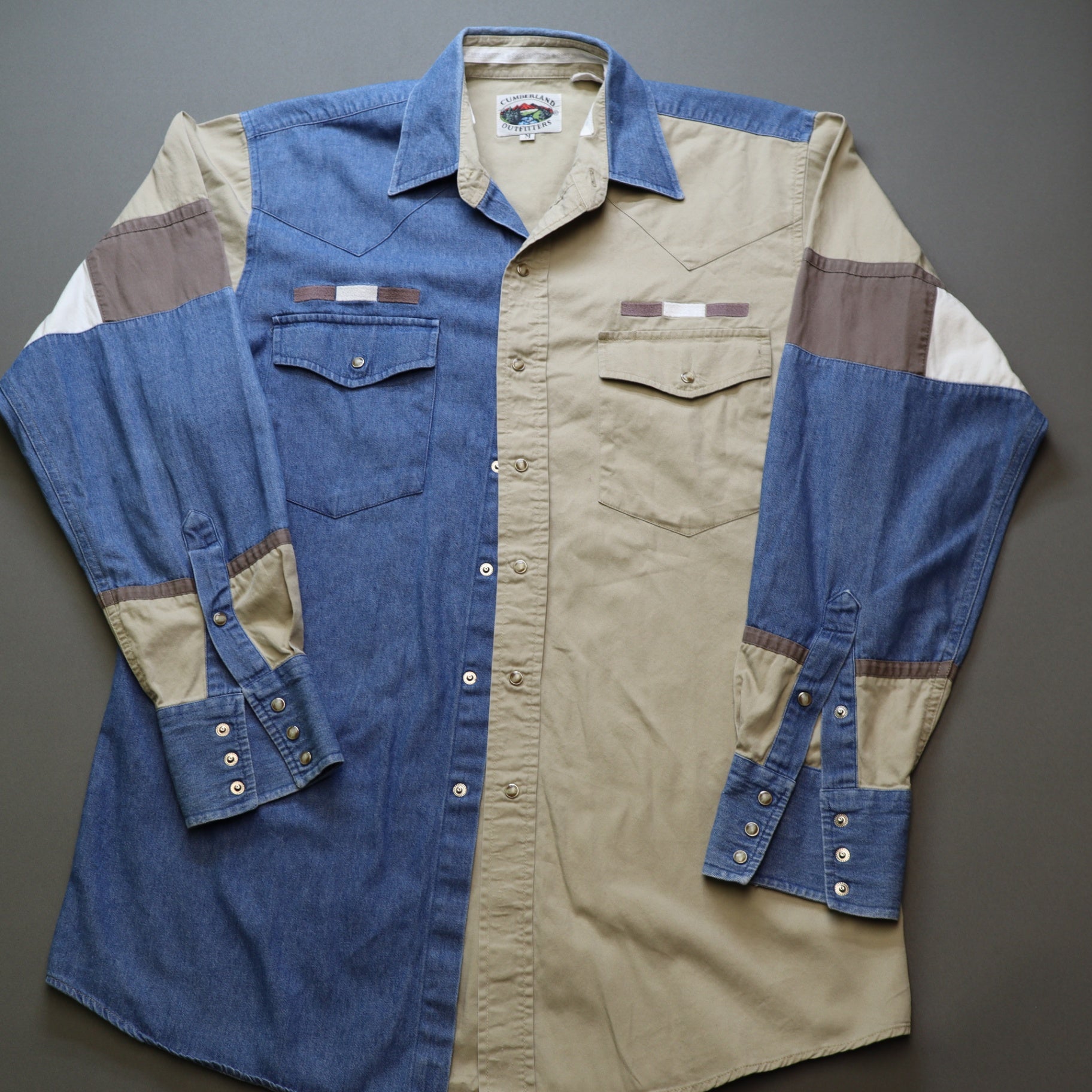 Cumberland Outfitters Mens M Western Shirt Colorblock Denim Tan Pearl Snap