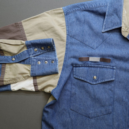 Cumberland Outfitters Mens M Western Shirt Colorblock Denim Tan Pearl Snap