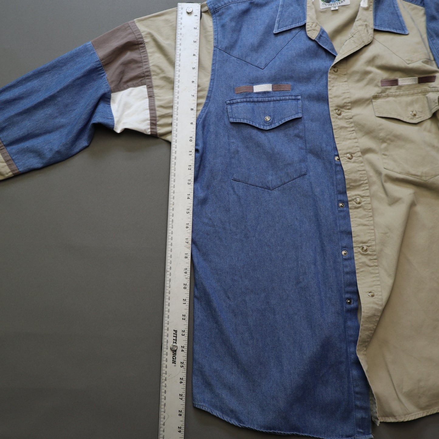 Cumberland Outfitters Mens M Western Shirt Colorblock Denim Tan Pearl Snap