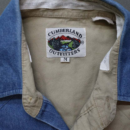 Cumberland Outfitters Mens M Western Shirt Colorblock Denim Tan Pearl Snap