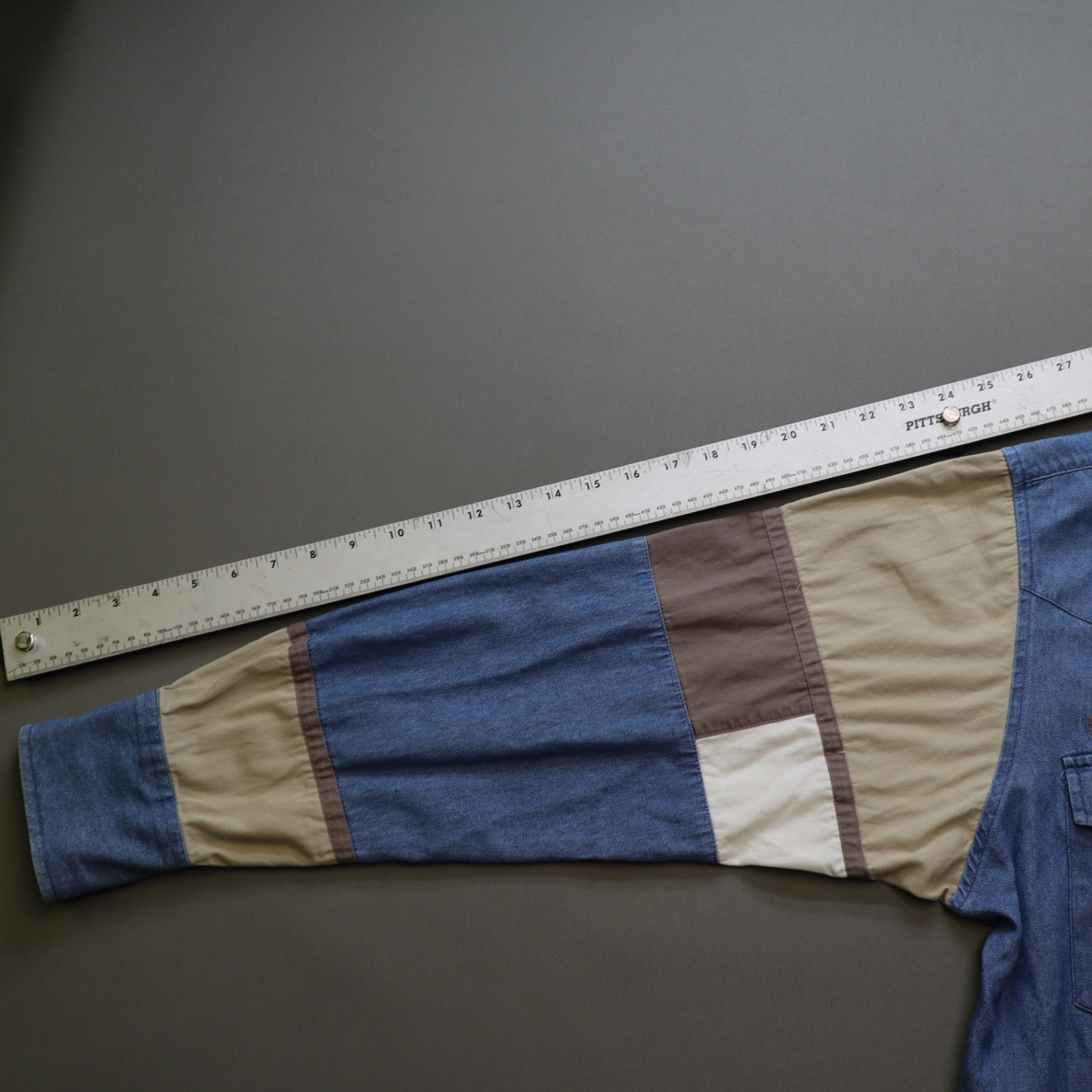 Cumberland Outfitters Mens M Western Shirt Colorblock Denim Tan Pearl Snap