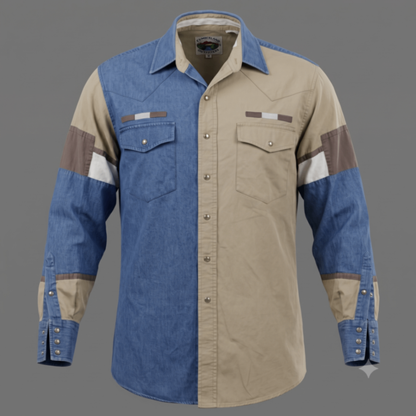 Cumberland Outfitters Mens M Western Shirt Colorblock Denim Tan Pearl Snap