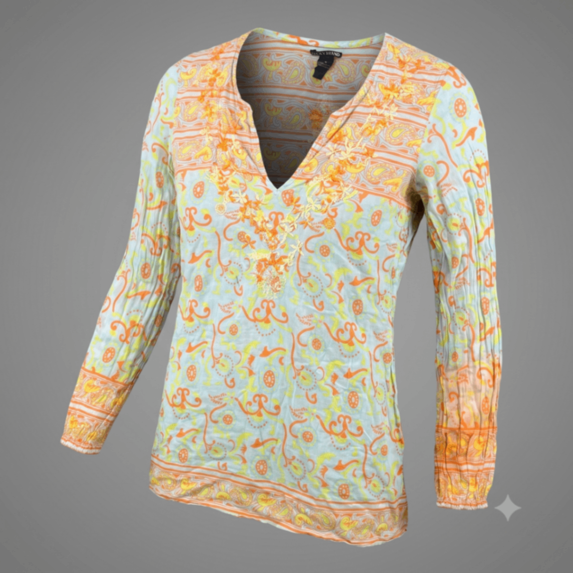 Lucky Brand Womens M Tunic Top Long Sleeve Embroidered Paisley Floral Cotton