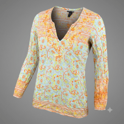 Lucky Brand Womens M Tunic Top Long Sleeve Embroidered Paisley Floral Cotton