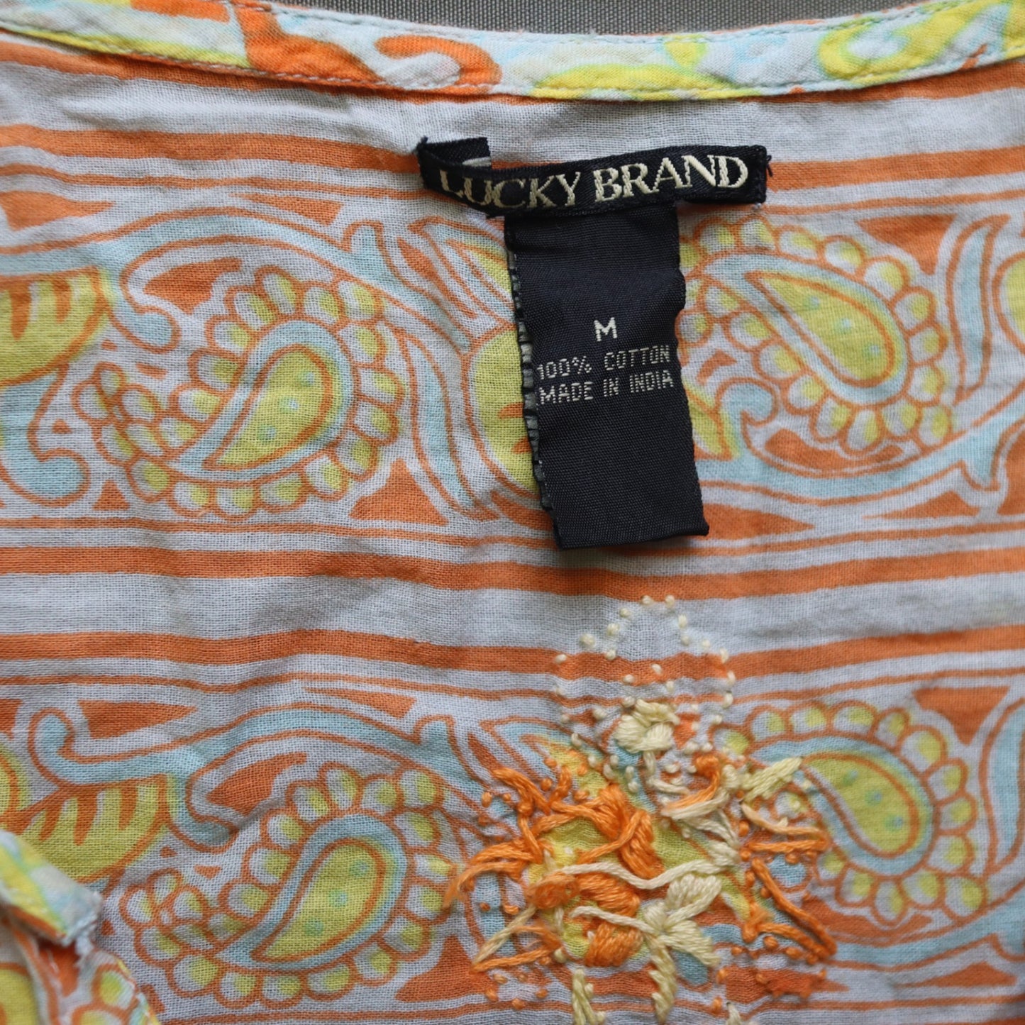 Lucky Brand Womens M Tunic Top Long Sleeve Embroidered Paisley Floral Cotton