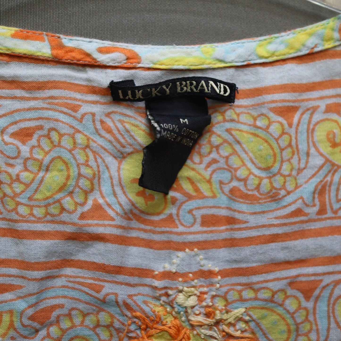 Lucky Brand Womens M Tunic Top Long Sleeve Embroidered Paisley Floral Cotton