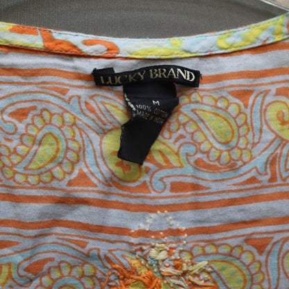Lucky Brand Womens M Tunic Top Long Sleeve Embroidered Paisley Floral Cotton