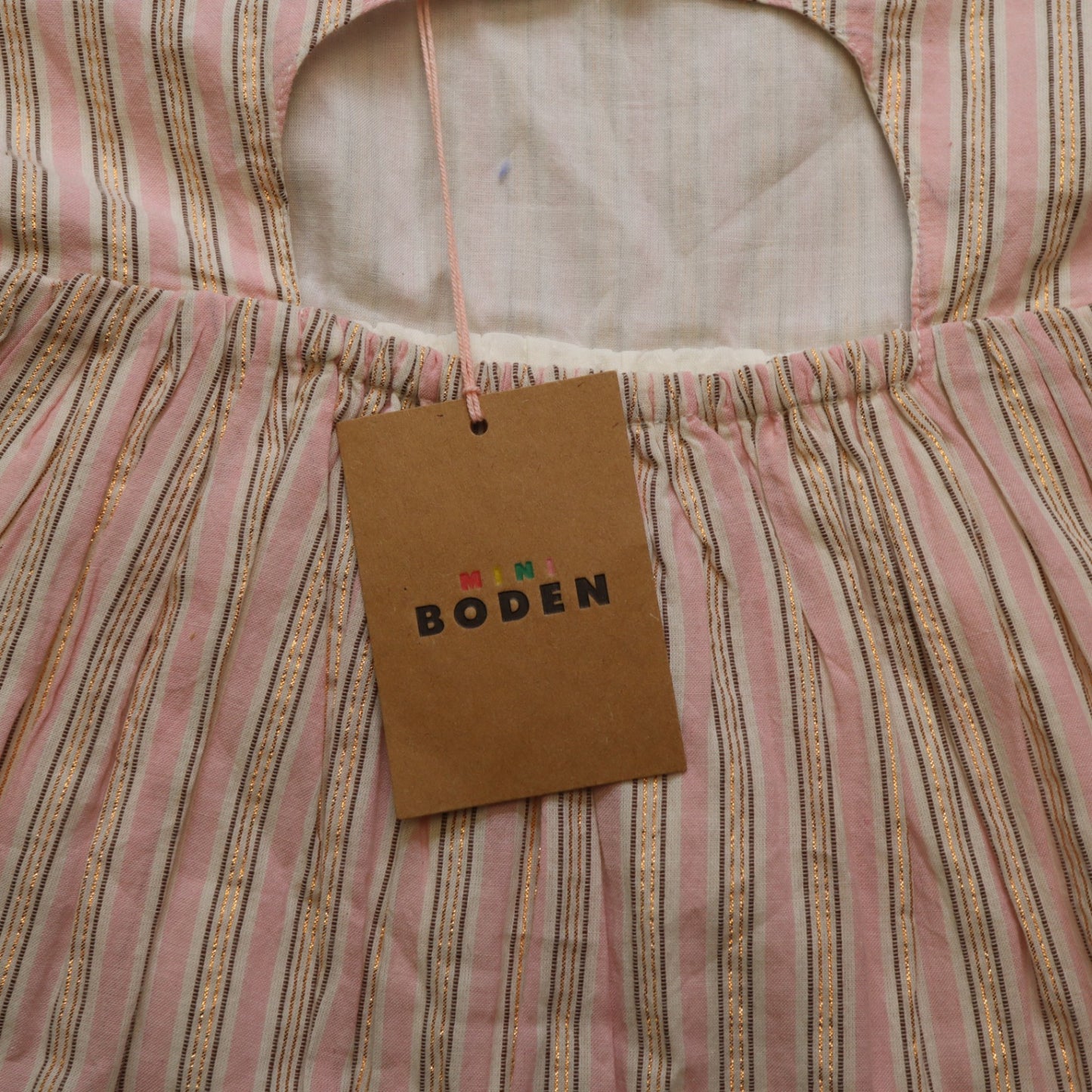 NWT Mini Boden Girls 7-8Y Pink Gold Metallic Lurex Striped Sundress Cutout