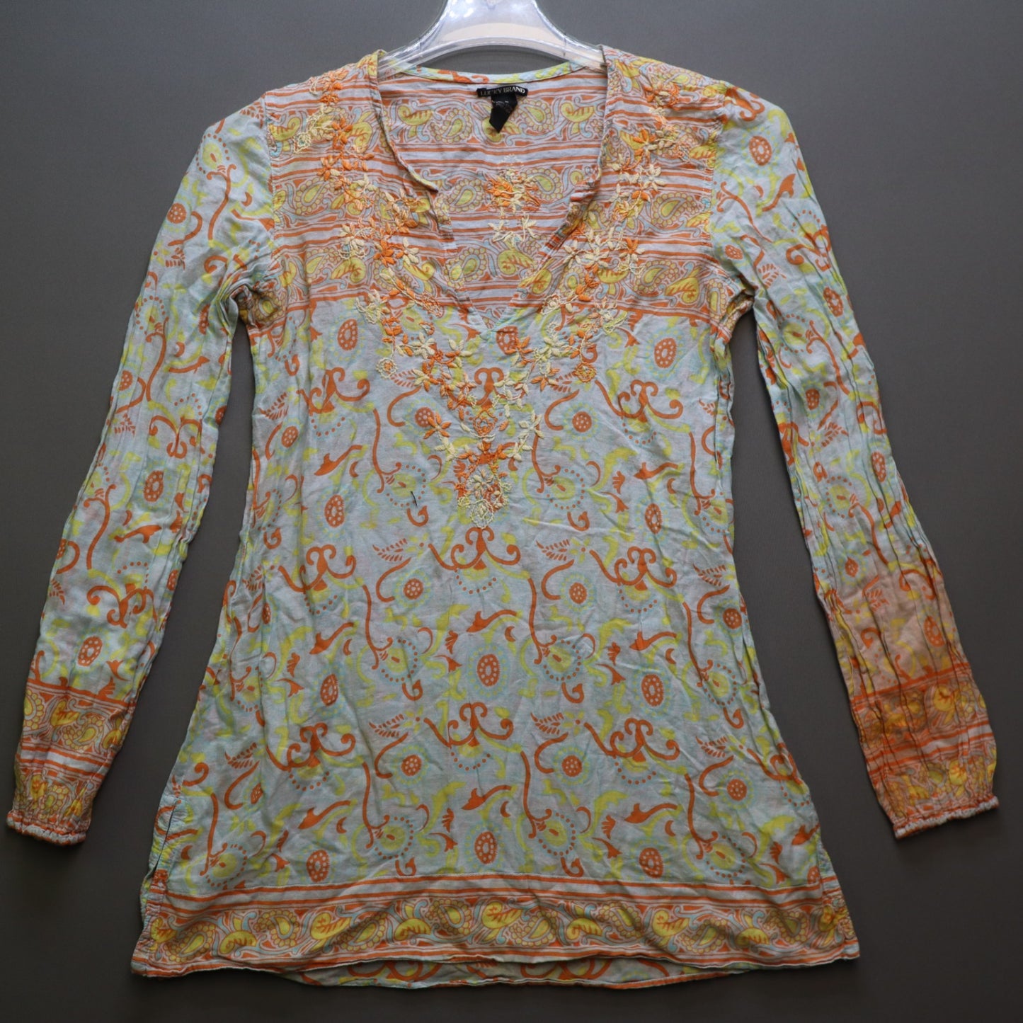 Lucky Brand Womens M Tunic Top Long Sleeve Embroidered Paisley Floral Cotton