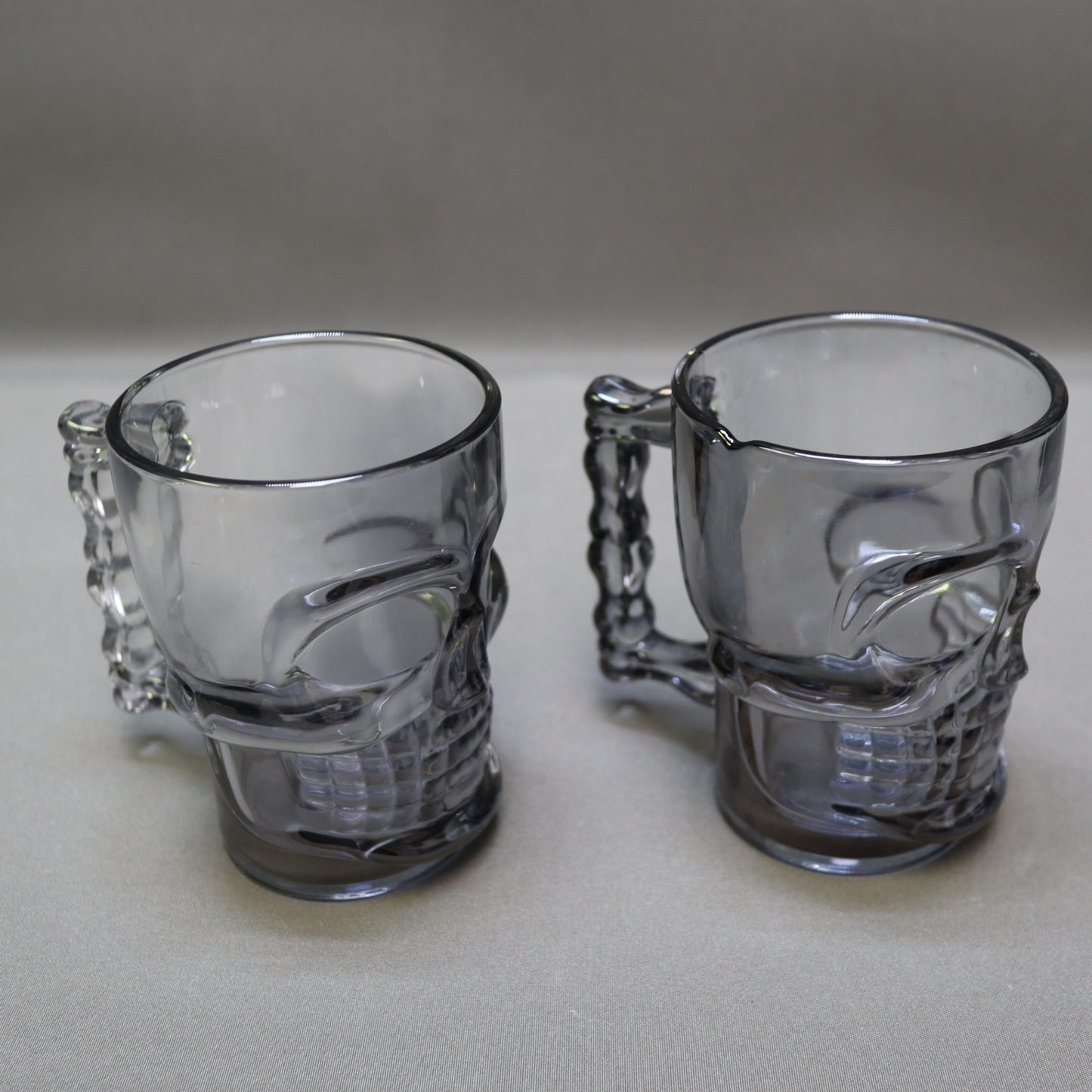 Set of 2 Vintage Deli Glass Skull Mugs Dark Smoked Black Tinted Beer Stein Barware
