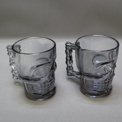 Set of 2 Vintage Deli Glass Skull Mugs Dark Smoked Black Tinted Beer Stein Barware