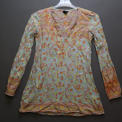 Lucky Brand Womens M Tunic Top Long Sleeve Embroidered Paisley Floral Cotton