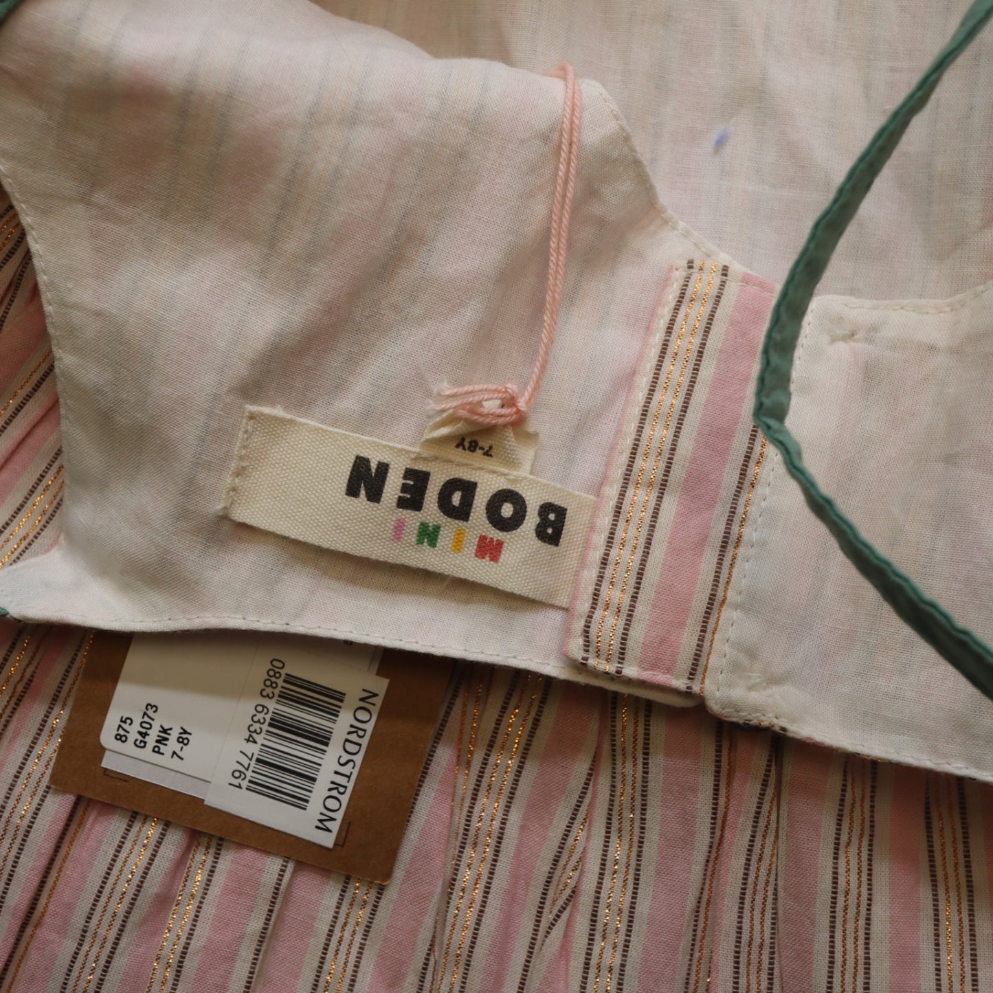 NWT Mini Boden Girls 7-8Y Pink Gold Metallic Lurex Striped Sundress Cutout