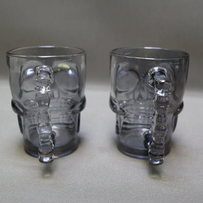 Set of 2 Vintage Deli Glass Skull Mugs Dark Smoked Black Tinted Beer Stein Barware