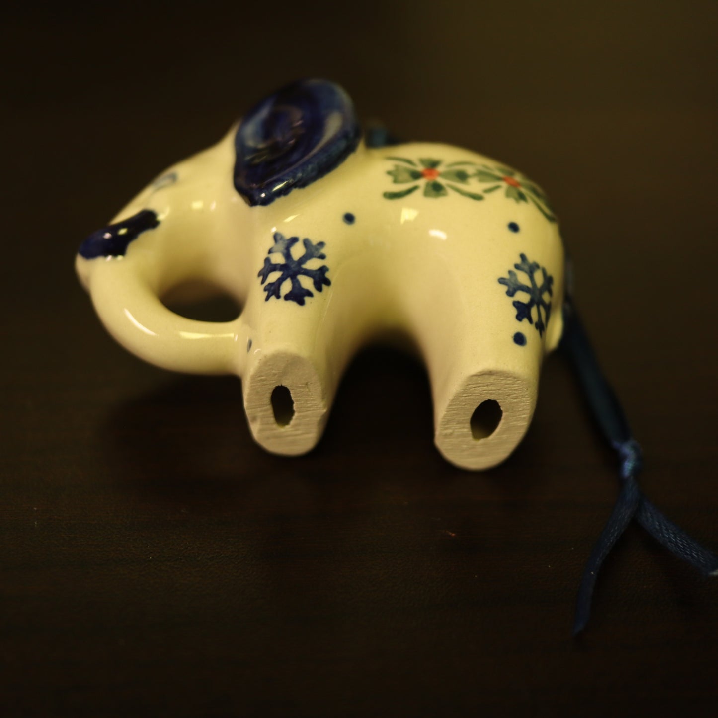 Polish Pottery Ceramic Elephant Christmas Ornament Hand Painted Snowflake Holly