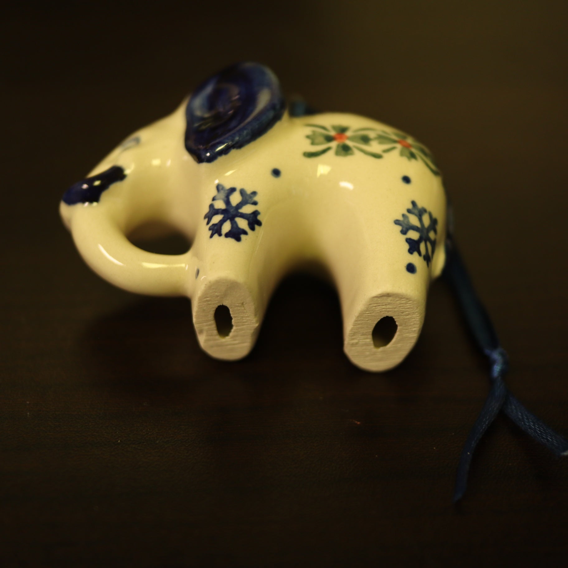 Polish Pottery Ceramic Elephant Christmas Ornament Hand Painted Snowflake Holly