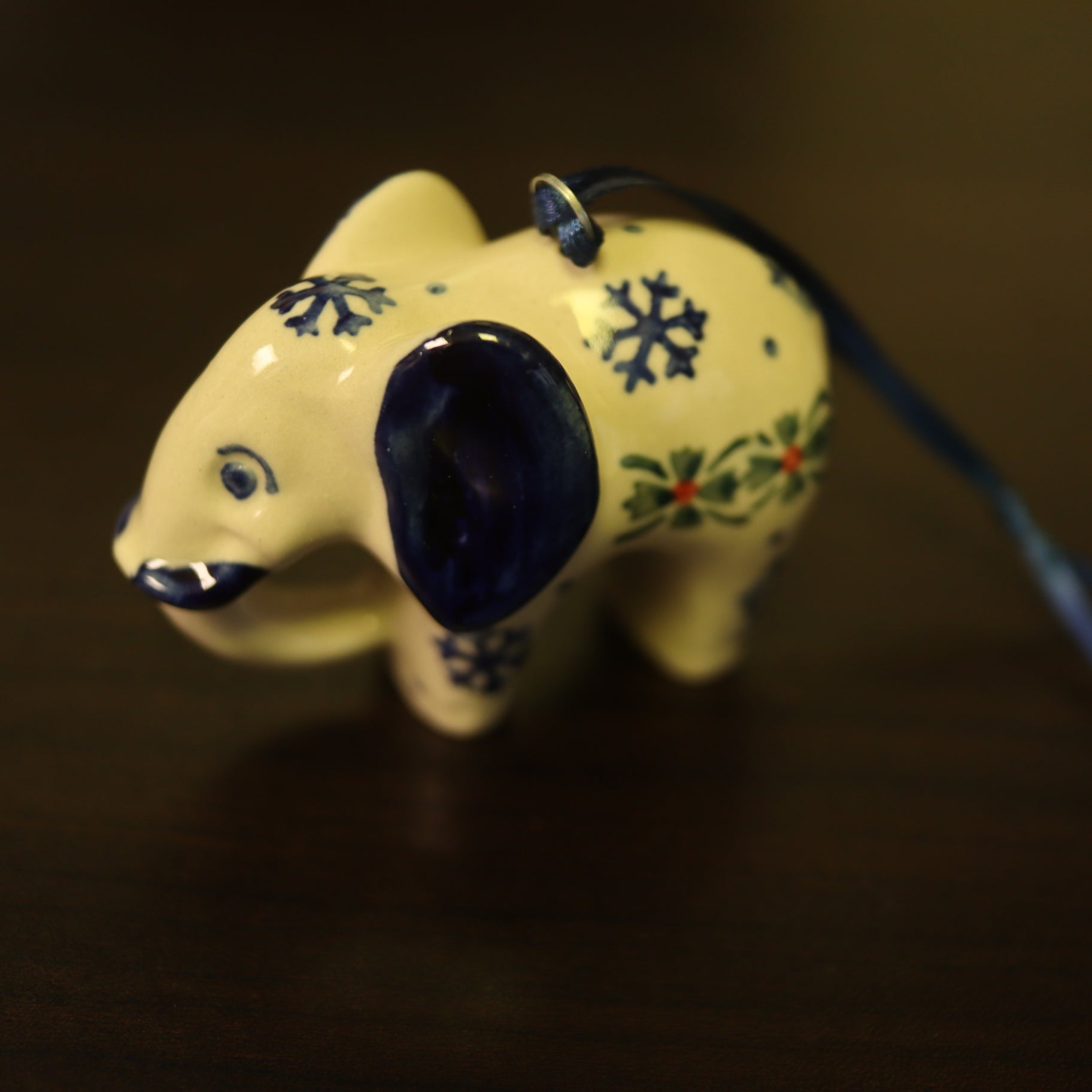 Polish Pottery Ceramic Elephant Christmas Ornament Hand Painted Snowflake Holly