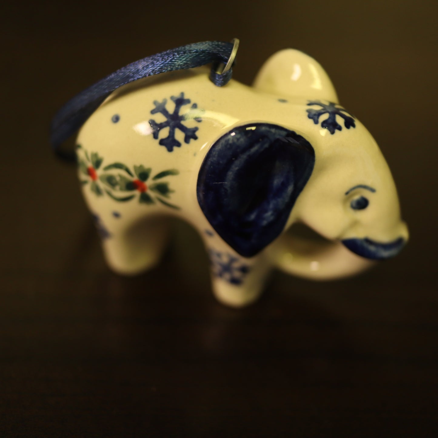Polish Pottery Ceramic Elephant Christmas Ornament Hand Painted Snowflake Holly