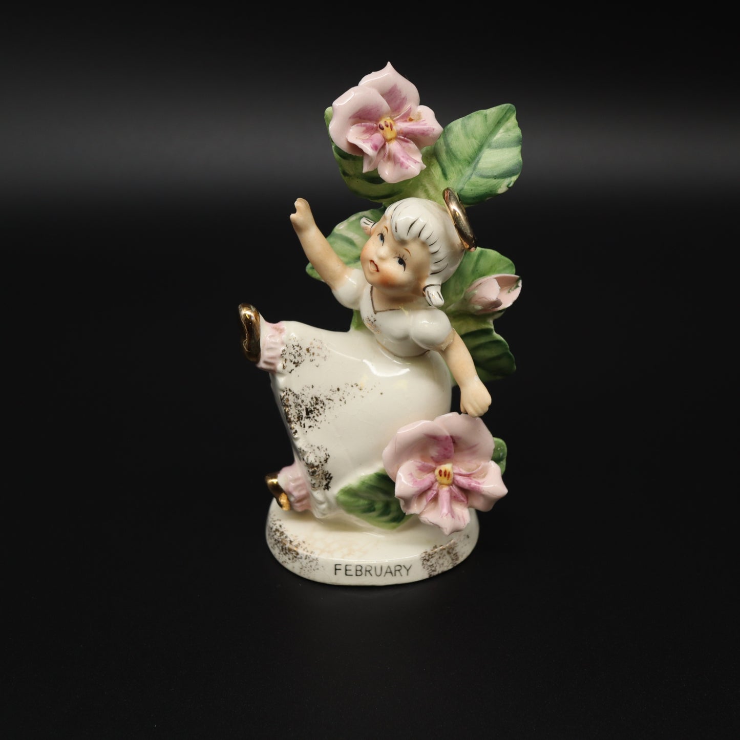 Vintage Josef Originals February Angel Figurine Gold Accent Flower Ceramic Japan