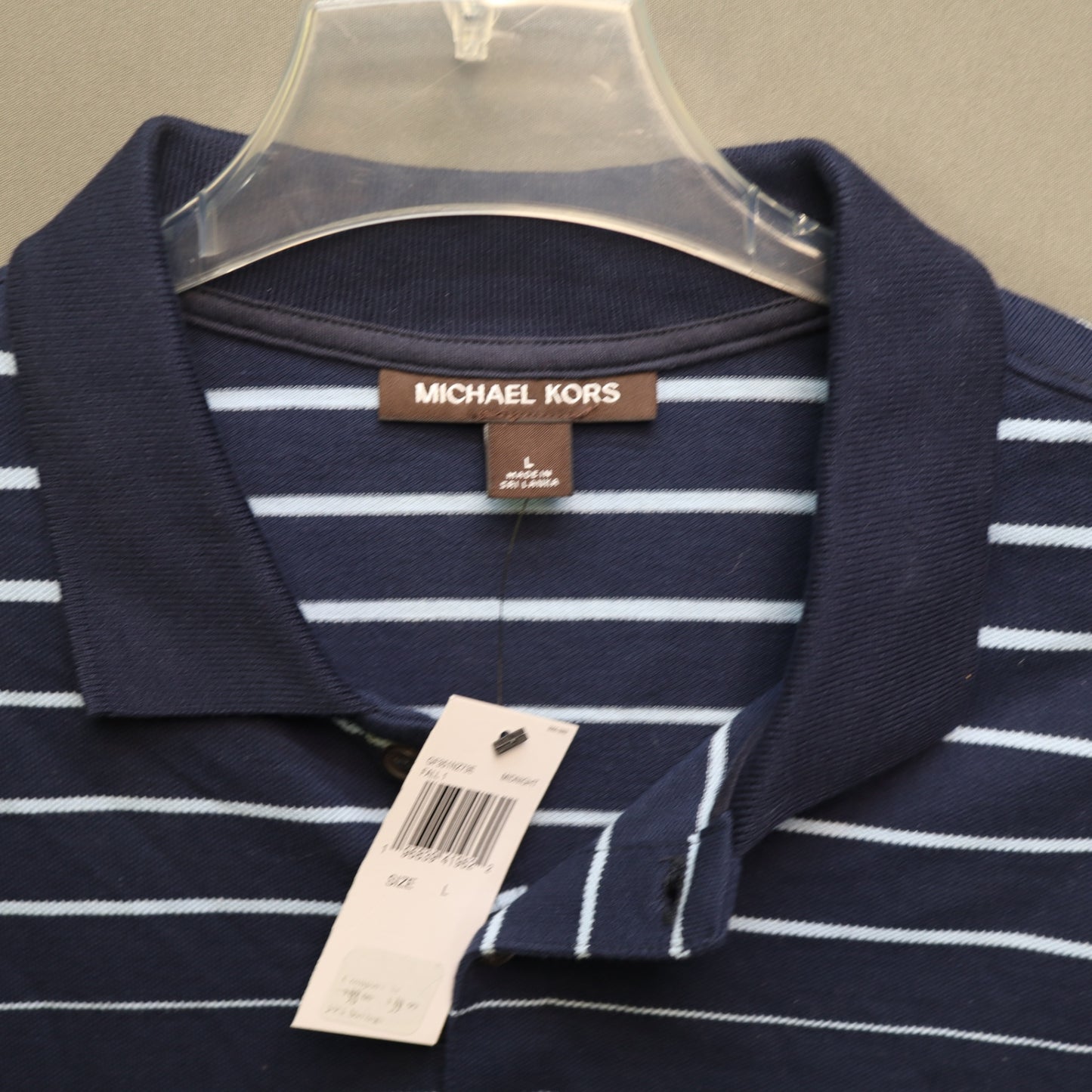 NWT Michael Kors Mens Large Striped Polo Shirt Navy Blue Short Sleeve MK Logo