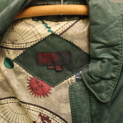 Vintage General Clothing Co Green Leather Flight Bomber Jacket Map Lining Medium