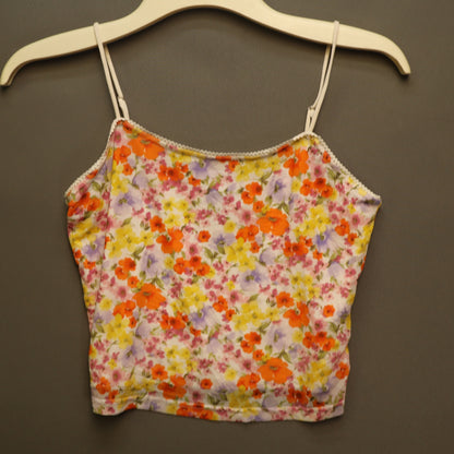 Forever 21 Floral Cami Crop Top Large Orange Yellow Floral Lace Trim Cami