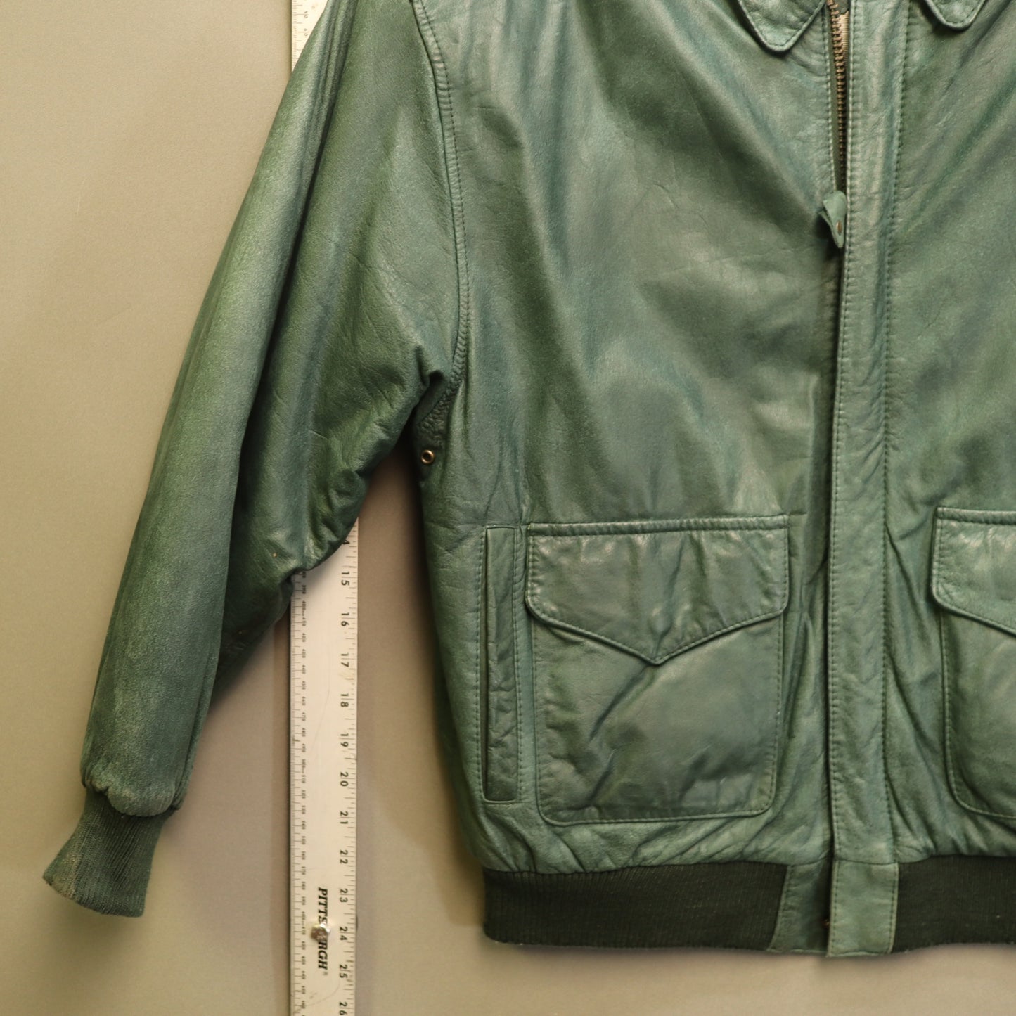 Vintage General Clothing Co Green Leather Flight Bomber Jacket Map Lining Medium