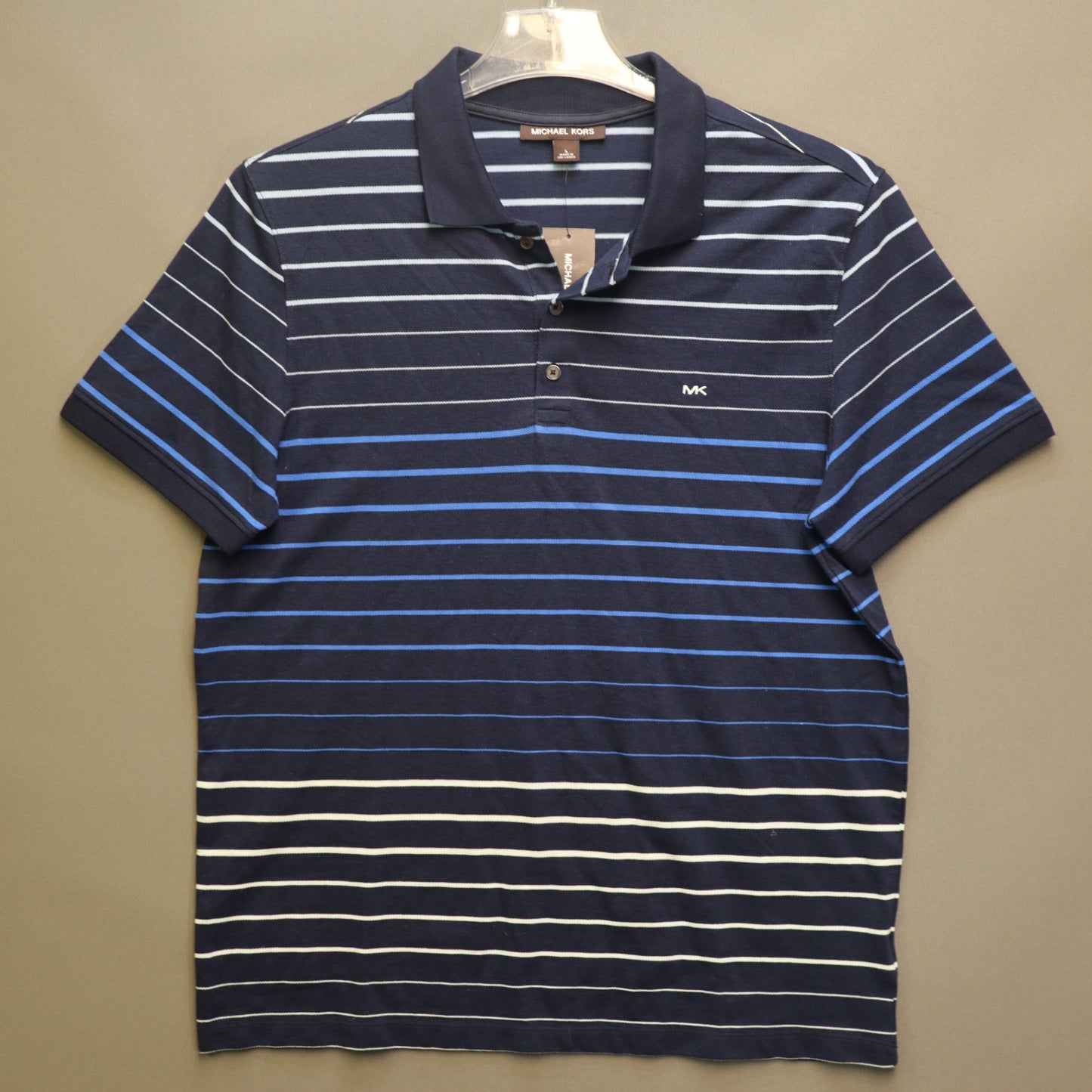 NWT Michael Kors Mens Large Striped Polo Shirt Navy Blue Short Sleeve MK Logo