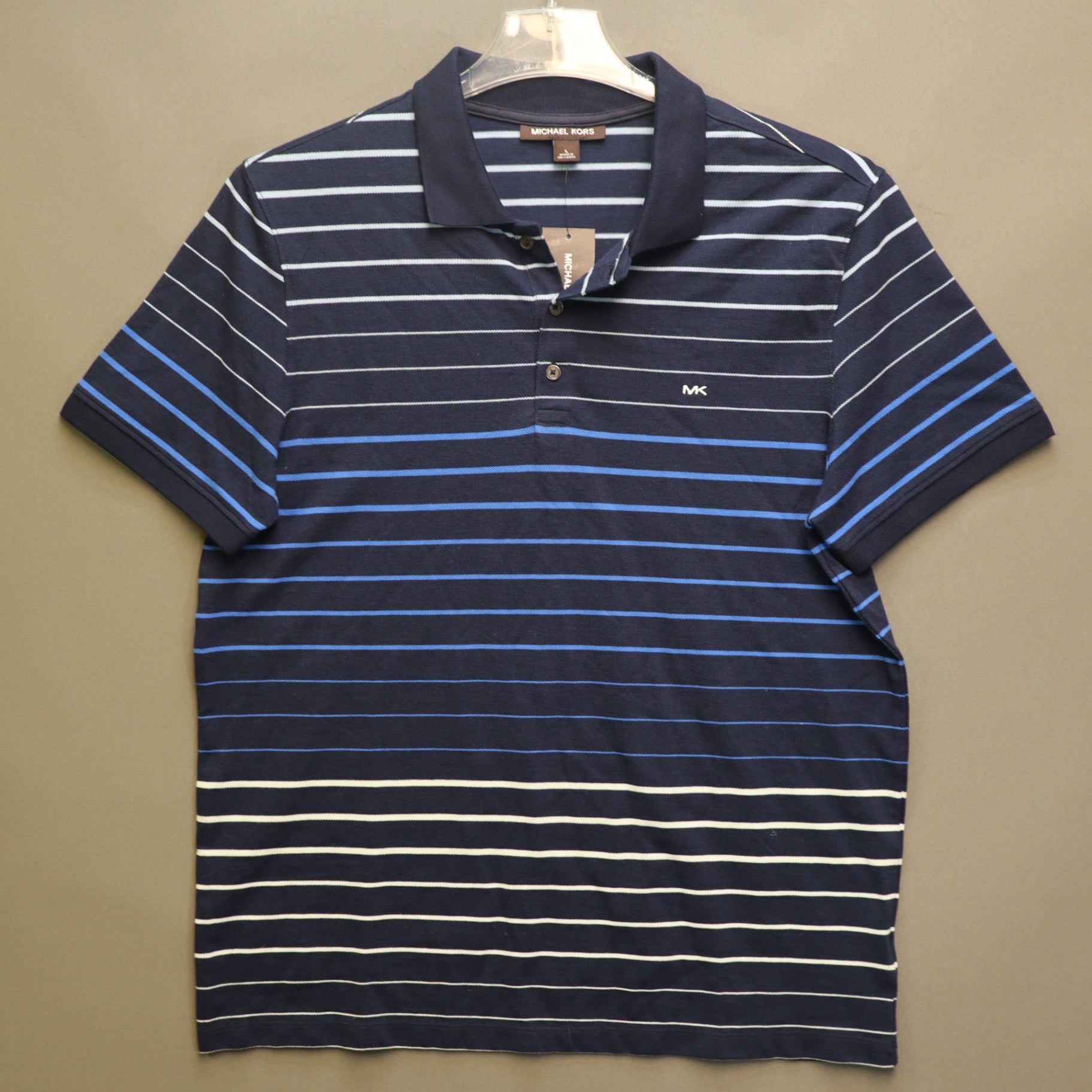 NWT Michael Kors Mens Large Striped Polo Shirt Navy Blue Short Sleeve MK Logo