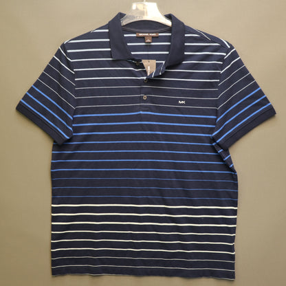 NWT Michael Kors Mens Large Striped Polo Shirt Navy Blue Short Sleeve MK Logo