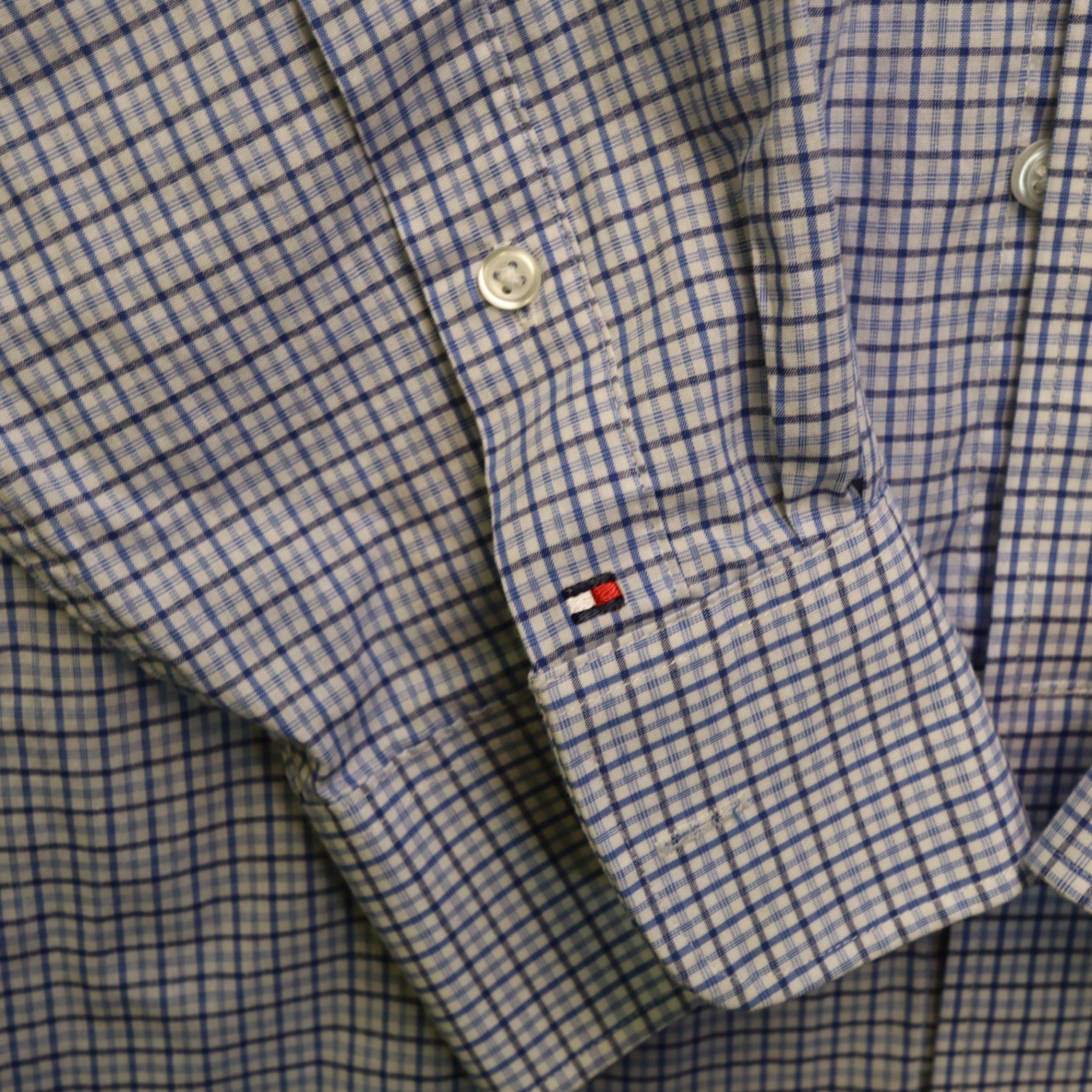 Tommy Hilfiger Dress Shirt Mens XL 17-17.5 34/35 Blue Plaid Wrinkle Free Stretch