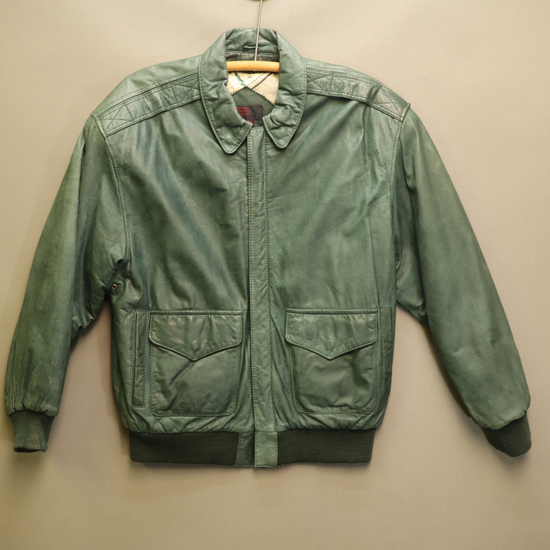 Vintage General Clothing Co Green Leather Flight Bomber Jacket Map Lining Medium