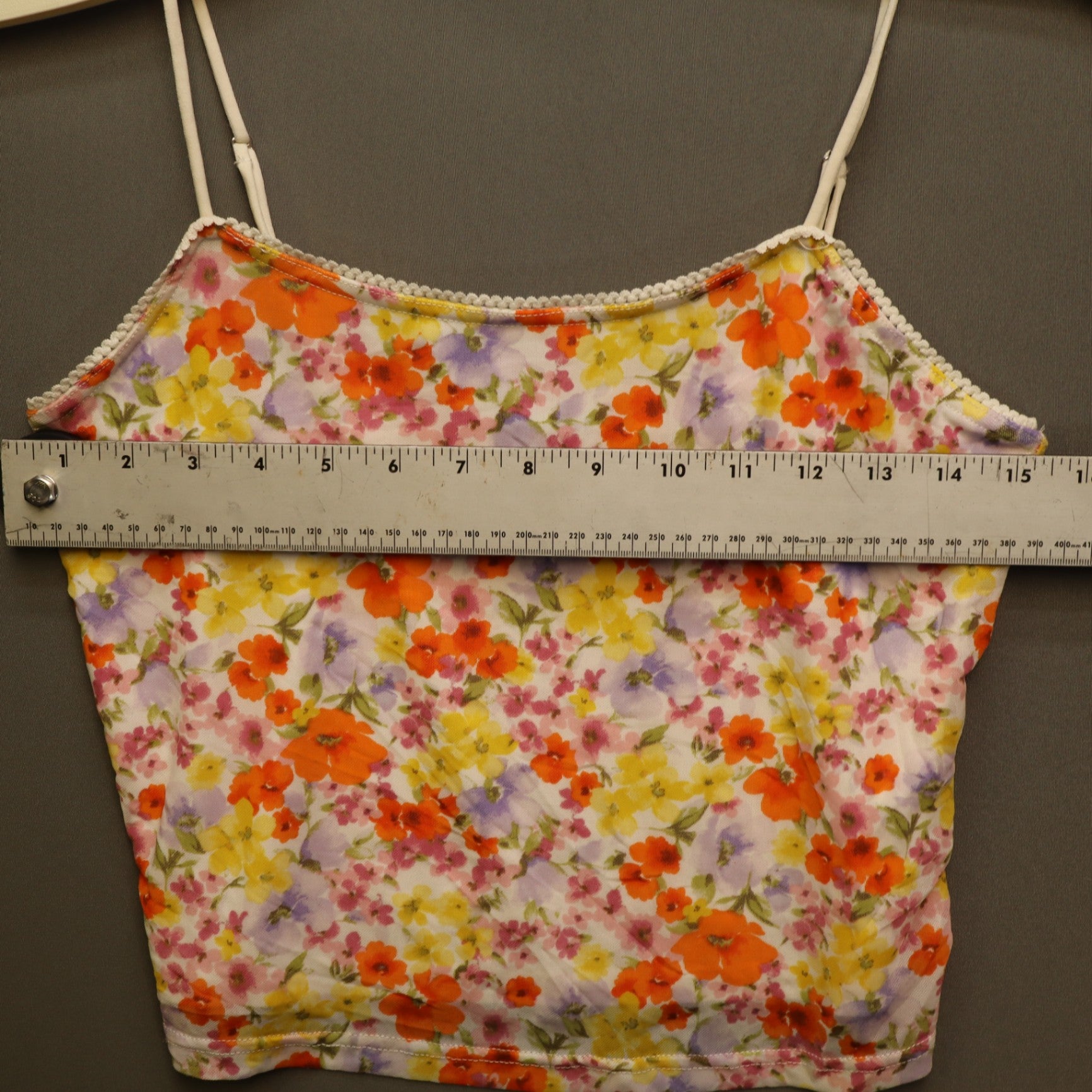 Forever 21 Floral Cami Crop Top Large Orange Yellow Floral Lace Trim Cami
