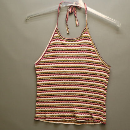 American Eagle Striped Ribbed Halter Top XL Pink Green Tan Wavy Stripe Crop Cami