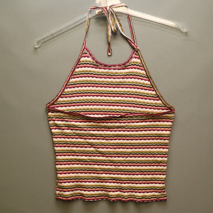 American Eagle Striped Ribbed Halter Top XL Pink Green Tan Wavy Stripe Crop Cami