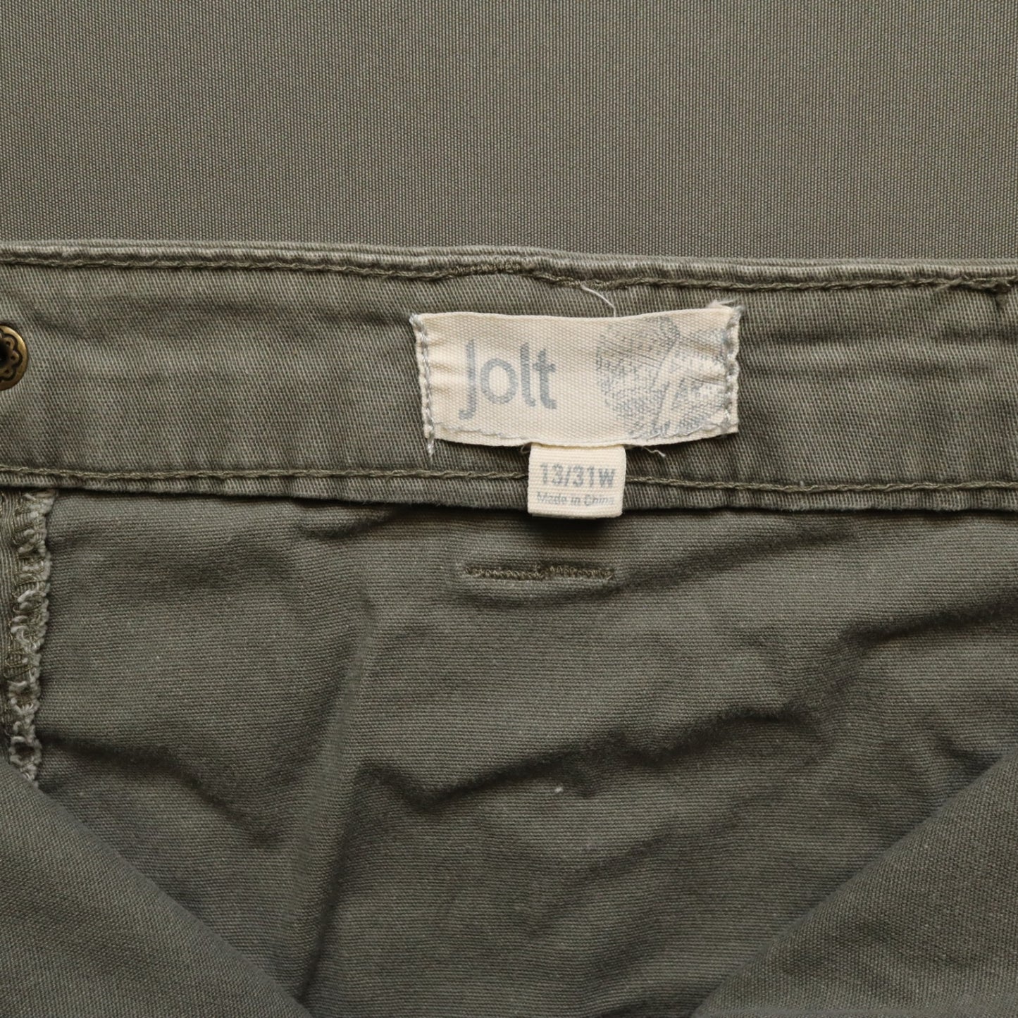 Jolt Olive Green Button Front Mini Skirt Size 13/31W Utility Cargo Pockets A-Line